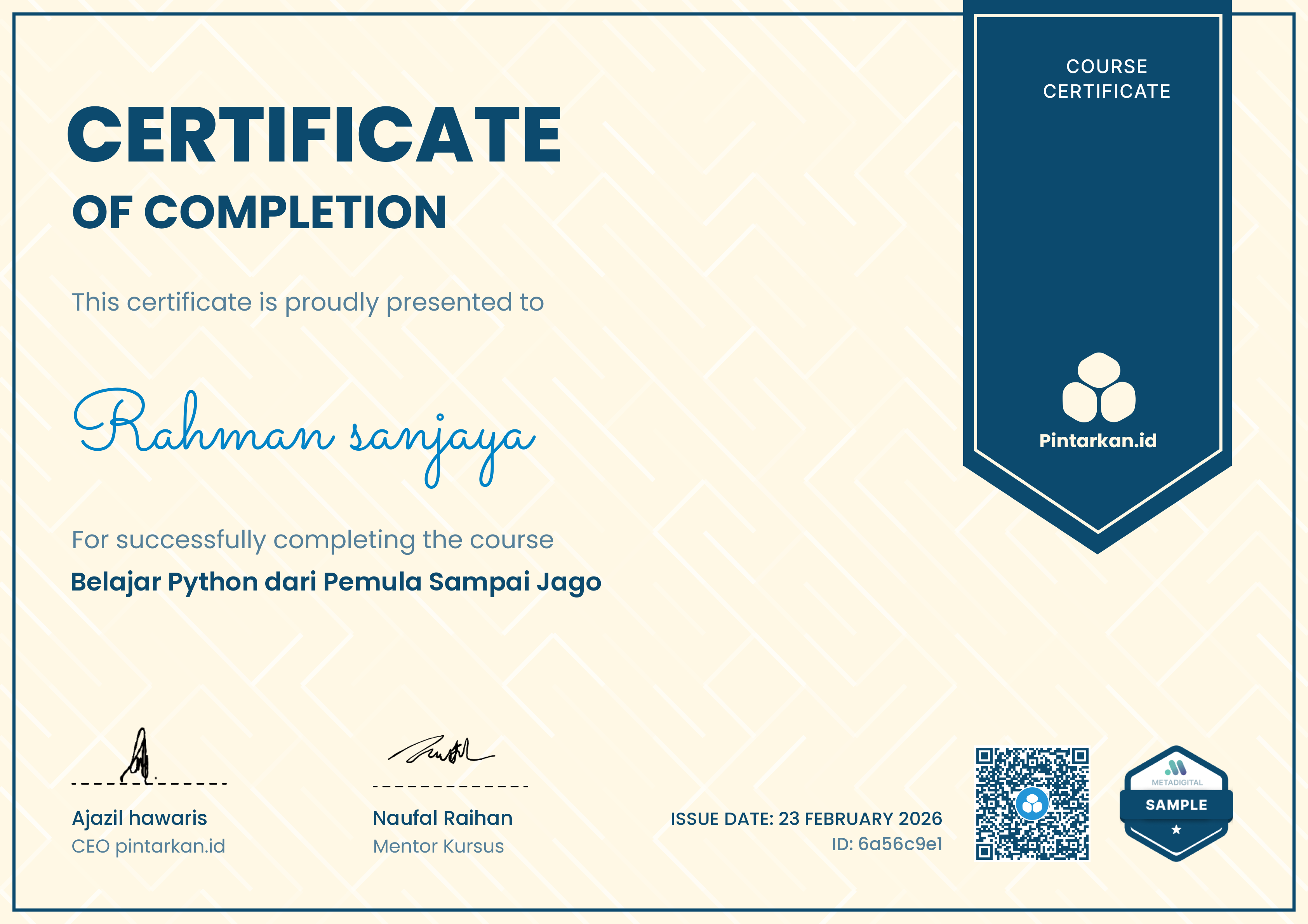 contoh sertifikat menyelesaikan kursus Belajar Python dari Pemula Sampai Jago