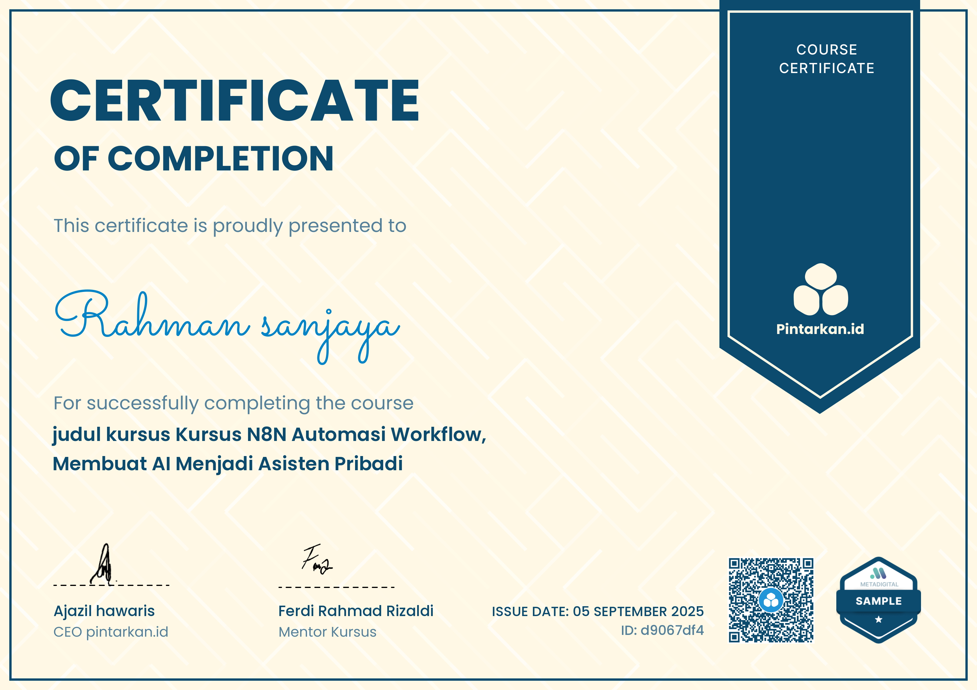 contoh sertifikat menyelesaikan kursus Kursus N8N Automasi Workflow, Membuat AI Menjadi Asisten Pribadi