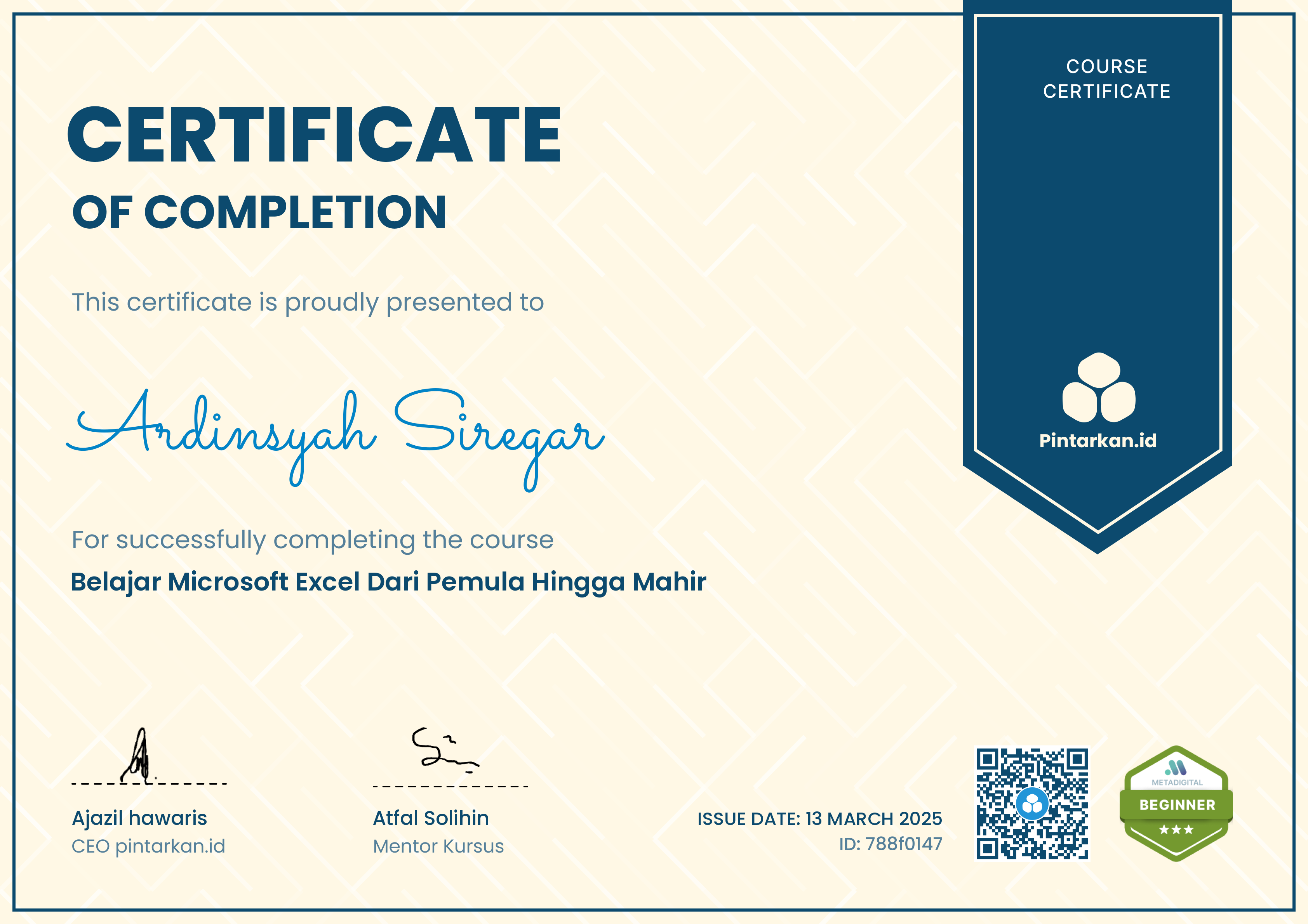 sertifikat Ardinsyah Siregar kursus Belajar Microsoft Excel Dari Pemula Hingga Mahir